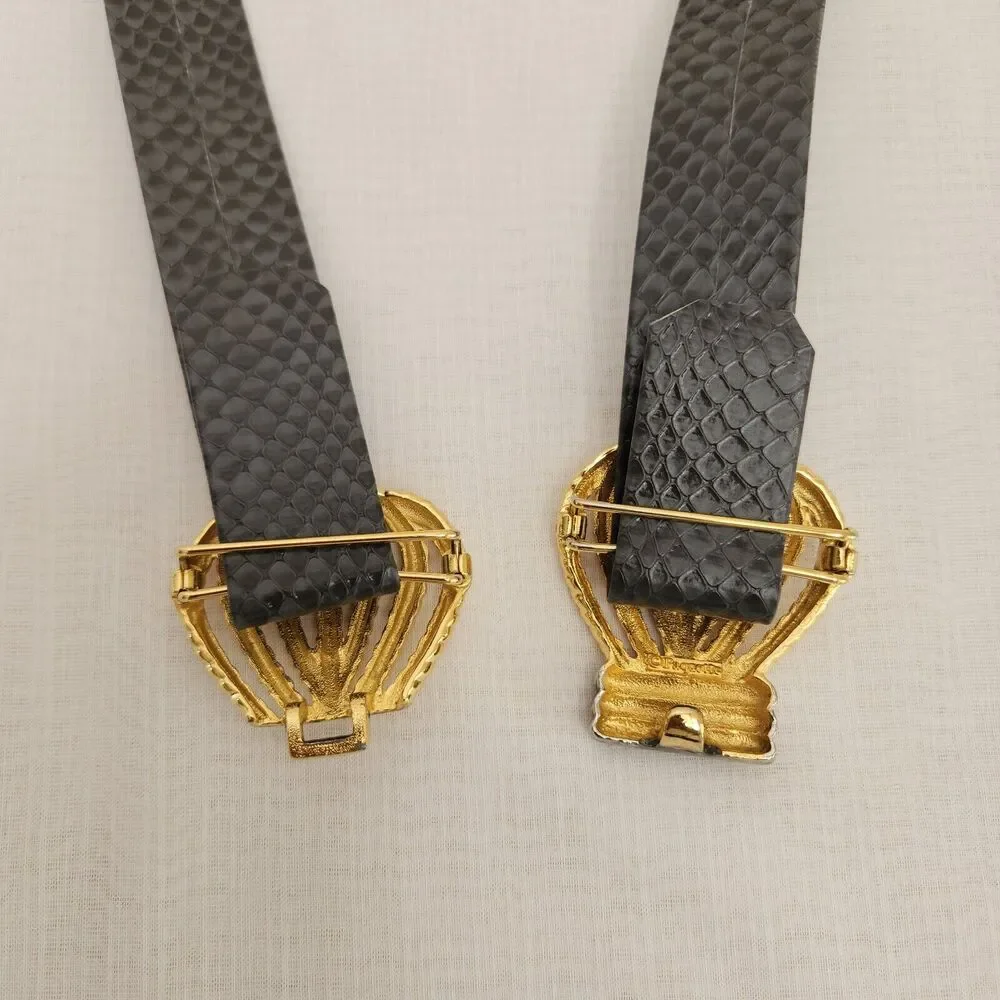 Women's Belt Gray Faux Snakeskin Removable Belt Gold Silver Crown Hook Buckle
